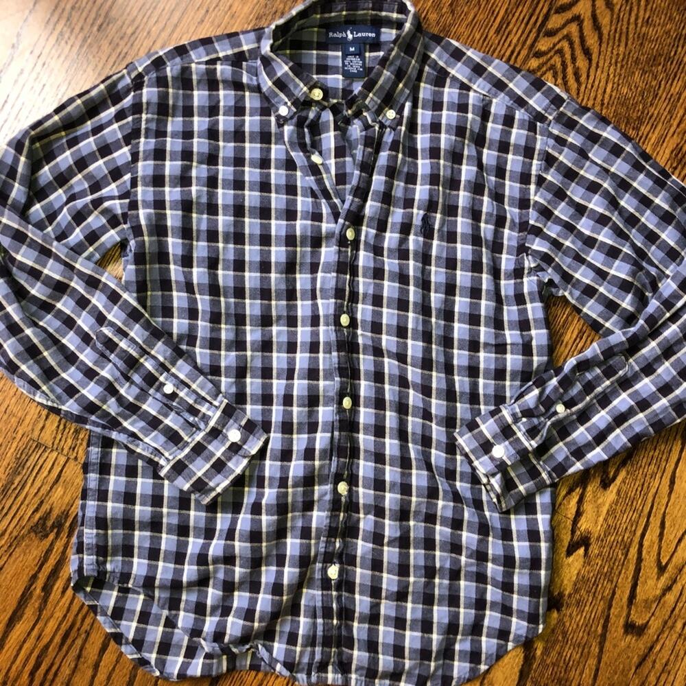 Ralph Lauren Boys Blue & White Plaid Flannel Button Front, Size Medium, EUC